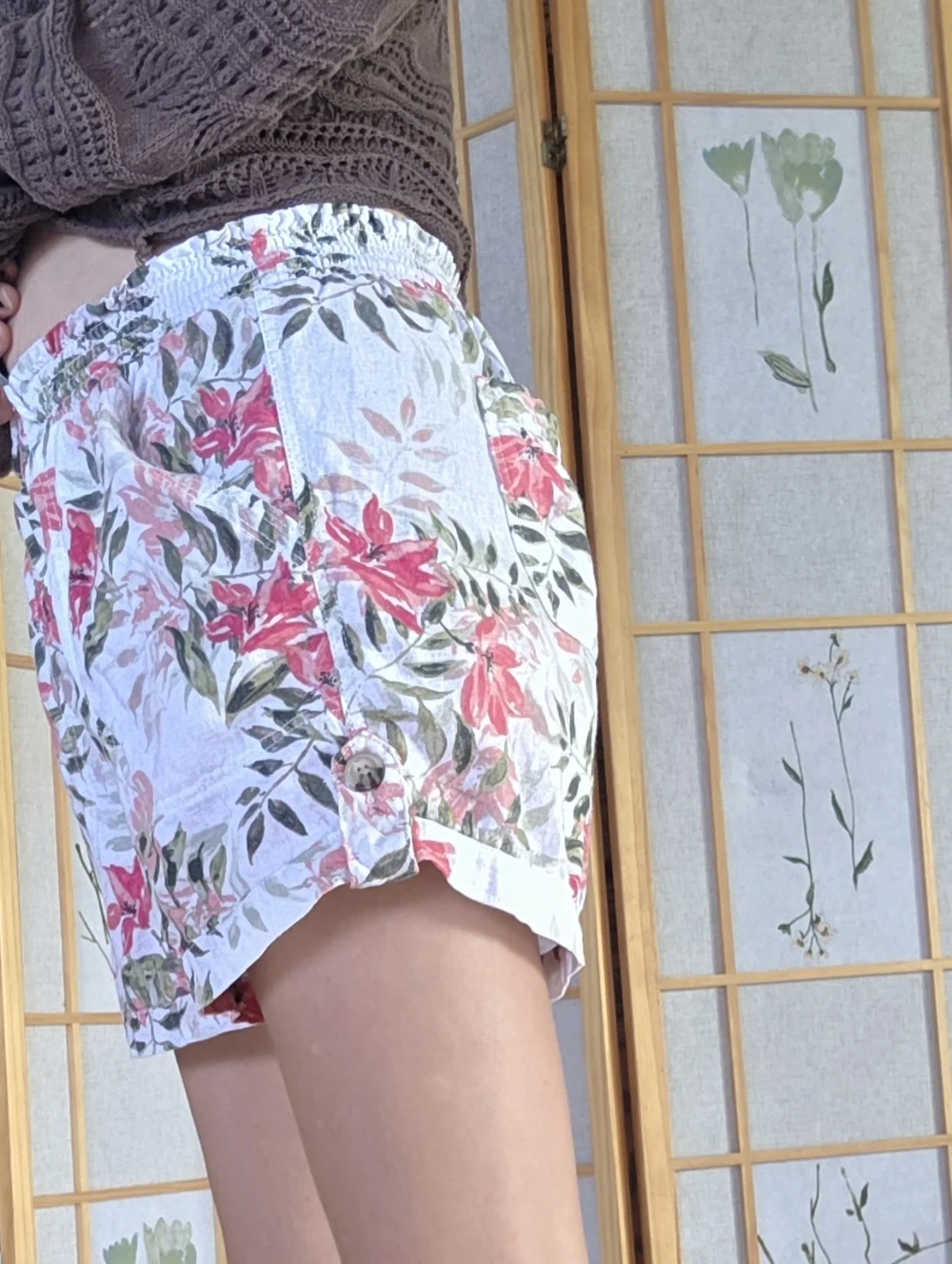 Briggs Cotton Floral Drawstring Waist Shorts - Coral & Olive on Cream - Picture 6 of 12